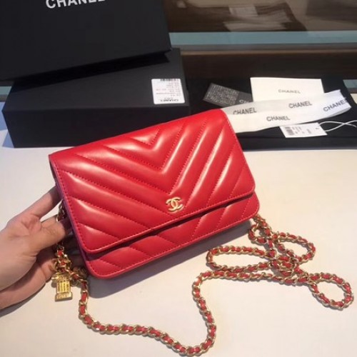 Chanel WOC Original Schafsleder Umhängetasche mit Klappe D33814 rot