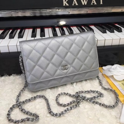 Chanel Original Caviar Leather Flap Umhängetasche CF33814 Silbergrau Silberne Kette