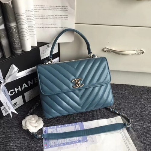 Chanel Original Schaffell-Leder-Einkaufstasche V92236 blaue silberne Schnalle