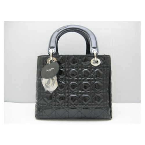 Dior Lady Dior Medium Patent Henkeltasche Schwarz