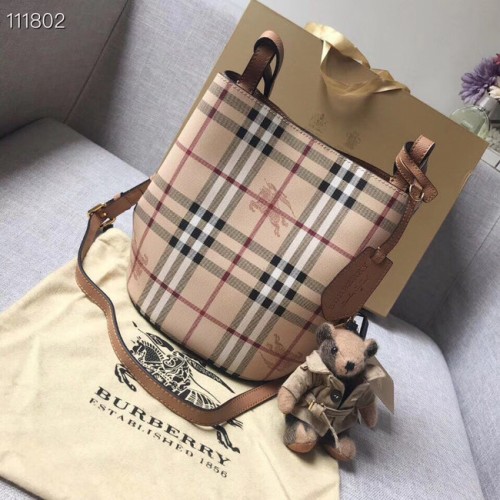 BURBERRY Banner kleine Tragetasche aus Leder und Vintage Check 1581 braun