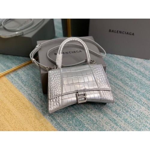 Balenciaga HOURGLASS SMALL TOP HANDLE BAG Kalbsleder mit Krokoprägung B108895E silber