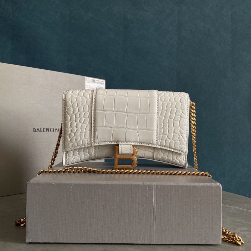 Balenciaga HOURGLASS Geldbörse mit Kette Krokoprägung 656050 Weiß