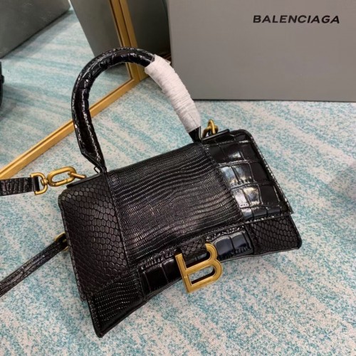 Balenciaga Hourglass XS Top Handle Bag glänzendes Kalbsleder mit Krokoprägung B108892E schwarz