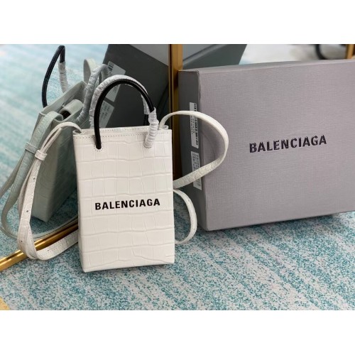 Balenciaga Original Mini-Shopper aus glänzendem Leder mit Krokoprägung B152865 weiß
