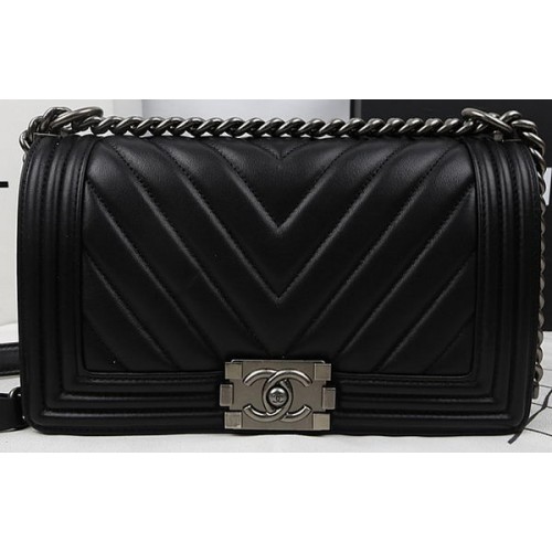 Junge Chanel Flap Bag Kalbsleder Chevron Quilting A67025 Schwarz