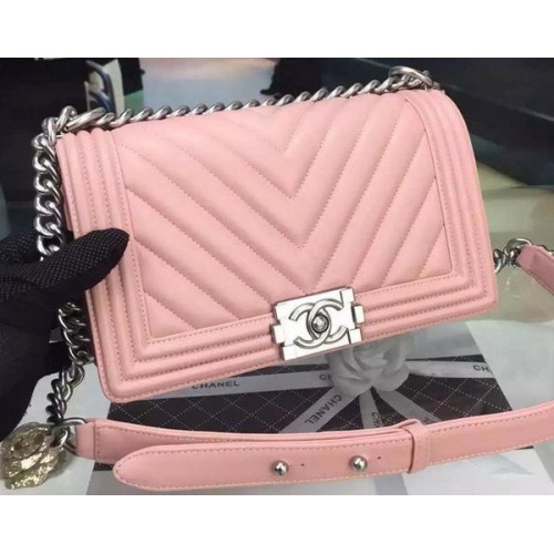 Junge Chanel Flap Bag Original Chevron Rosa Nubukleder A5708 Silber