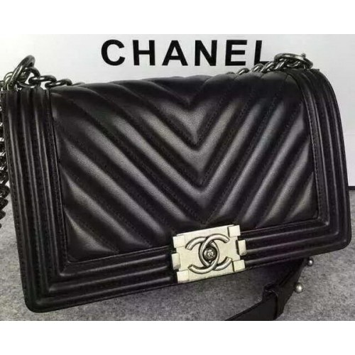 Junge Chanel Flap Bag Original Chevron Schaffell Leder A5708 Schwarz