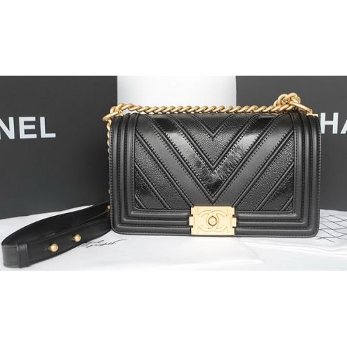 Junge Chanel Flap Bag Original Chevron Schaffell Leder A92193 Schwarz