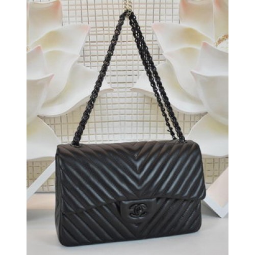 Junge Chanel Flap Bag Schaffell Chevron Quilting A64306 Schwarz