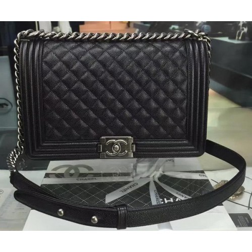 Boy Chanel Flap Bags Original Schwarz Cannage Muster A67088 Silber