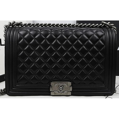 Boy Chanel Flap Bags Original Schwarzes Schafsleder A67088 Silber