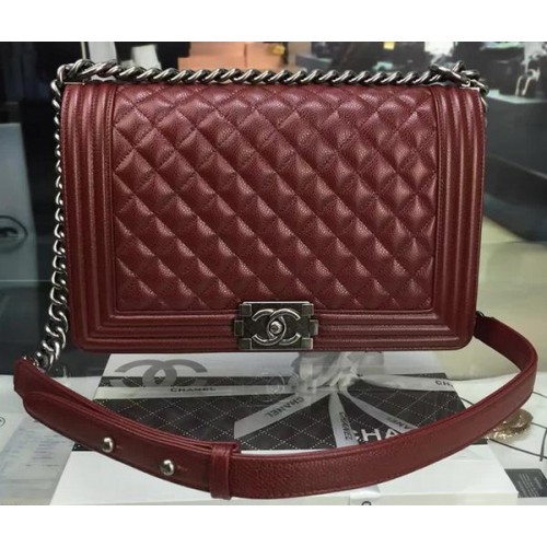 Boy Chanel Klappentaschen Original Wein Cannage Muster A67088 Silber