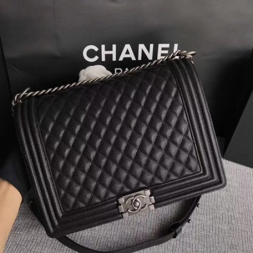 Junge Chanel Flap Umhängetasche Schwarz Original Cannage Muster A67087 Silber