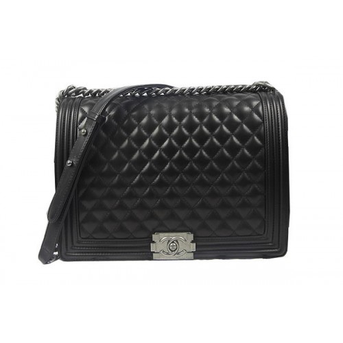 Boy Chanel Flap Umhängetasche Schwarz Original Schaffell A67087 Silber