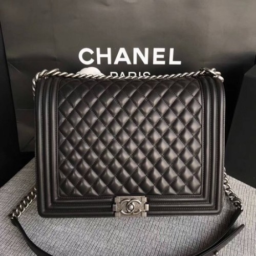 Boy Chanel Flap Umhängetasche Schwarz Original Schafsleder A67087 Silber