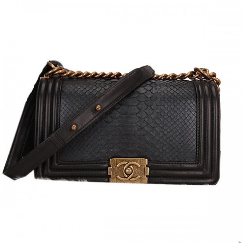 Boy Chanel Flap Umhängetasche Schwarz Original Schlangenleder A67086 Gold