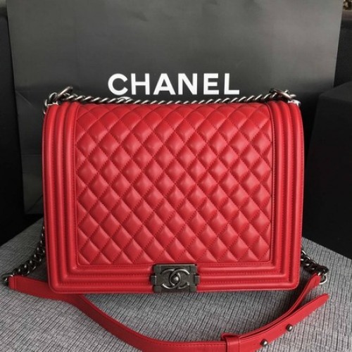 Boy Chanel Flap Umhängetasche Rot Original Schafsleder A67087 Silber
