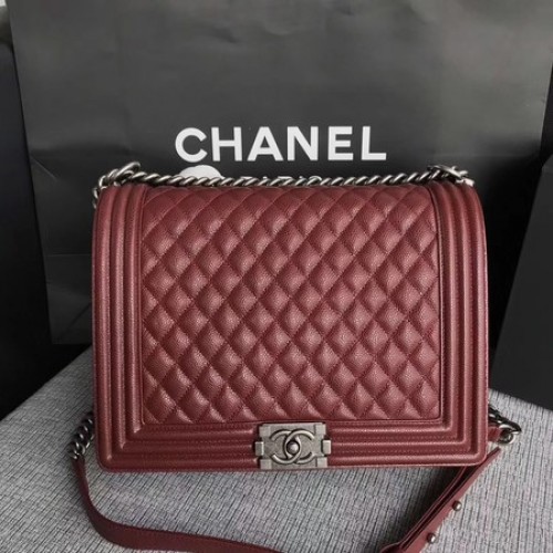 Boy Chanel Flap Umhängetasche Wein Original Cannage Muster A67087 Silber