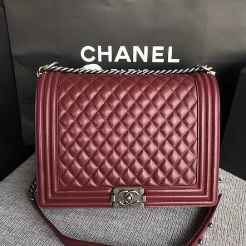 Boy Chanel Flap Umhängetasche Wein Original Schafsleder A67087 Silber