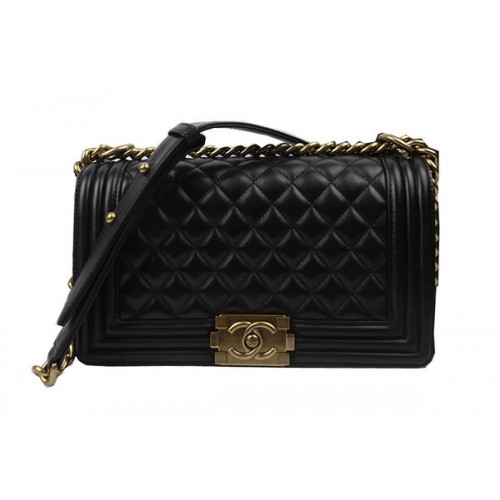 Boy Chanel Flap Umhängetaschen Schwarz Original Schaffell A67025 Gold