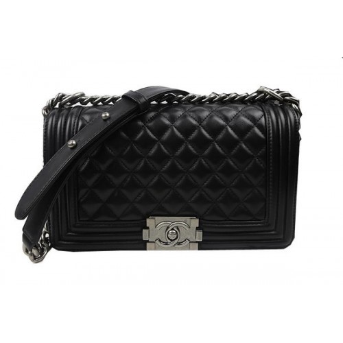 Junge Chanel Umhängetaschen mit Klappe Schwarz Original Schaffell A67025 Silber