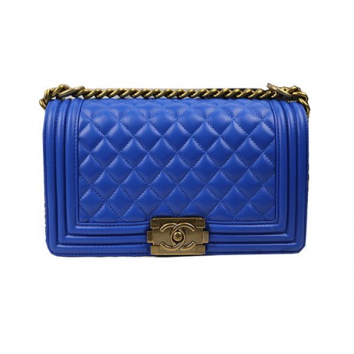 Boy Chanel Flap Umhängetaschen Blau Original Schaffell A67025 Gold