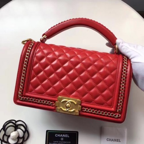 Boy Chanel Top Handle Flap Bag Original Schaffell Leder A94804 Rot