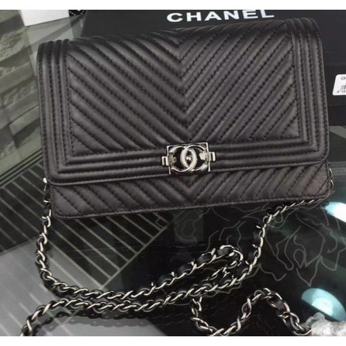 Junge Chanel WOC Flap Bag Original Chevron Schaffell CHA4742 Schwarz