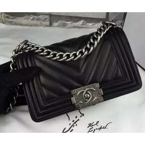 Junge Chanel Mini Flap Bag Original Chevron Schaffell Leder A5707 Schwarz