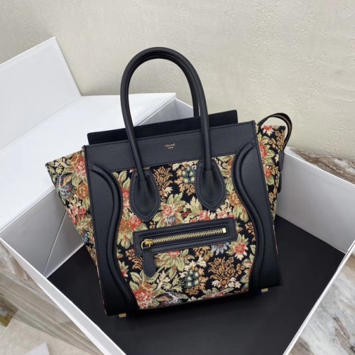 CELINE MICRO GEPÄCKTASCHE AUS BLUMENJACQUARD UND KALBSLEDER 167793 SCHWARZ