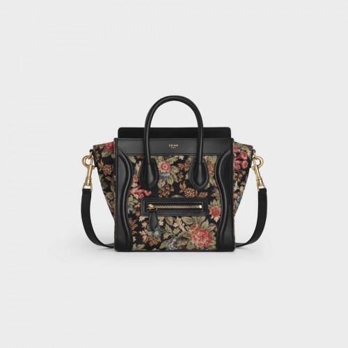 CELINE NANO GEPÄCKTASCHE AUS BLUMENJACQUARD UND KALBSLEDER 189242 SCHWARZ