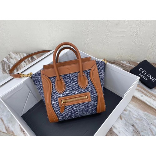 CELINE NANO GEPÄCKTASCHE AUS BLUMENJACQUARD UND KALBSLEDER 189242 HELLBRAUN&BLAU