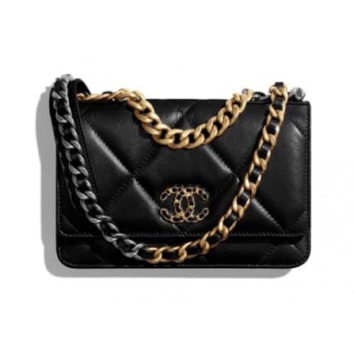 Chanel 19 Classic Sheepskin Leather Chain Wallet AP0957 schwarz Goldfarbenes Metall