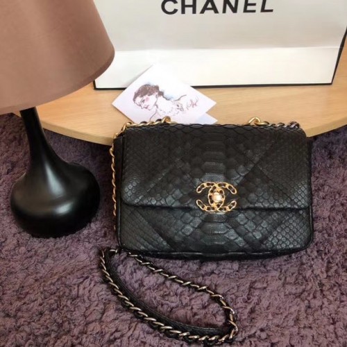 CHANEL 19 Überschlagtasche Original Schlangenhaut-Überschlagtasche AS1160 Schwarz