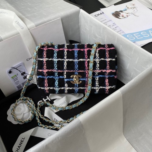 CHANEL 19 Überschlagtasche Woll-Tweed Metall mit Gold-Finish AS1160 SCHWARZ