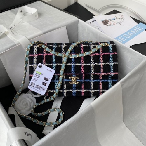 CHANEL 19 Überschlagtasche Woll-Tweed Metall mit Gold-Finish AS1161 SCHWARZ