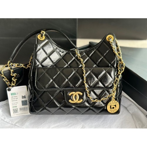 CHANEL 2023 HANDTASCHE Glänzendes Kalbsleder AS3609 Schwarzes goldfarbenes Metall
