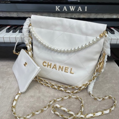 CHANEL MINI 22 HANDTASCHE Metallic Kalbsleder gold Metall AS3989 WEISS