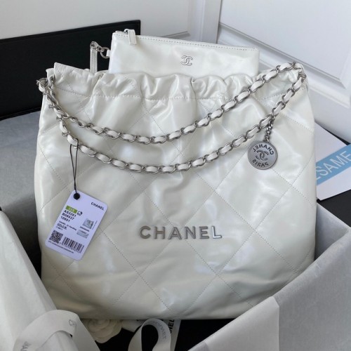 CHANEL 22 HANDTASCHE Kalbsleder Silberfarbenes Metall AS3261 weiß