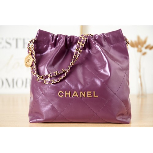 CHANEL 22 HANDTASCHE Kalbsleder goldfarbenes Metall AS3261 dunkellila