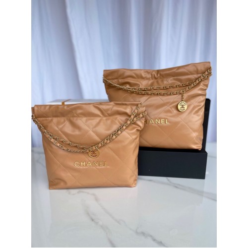 CHANEL 22 HANDTASCHE Glänzendes Kalbsleder Goldfarbenes Metall AS3261 AS3260 Braun