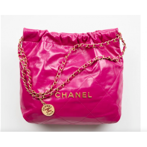 CHANEL 22 HANDTASCHE Glänzendes Kalbsleder Goldfarbenes Metall AS3261 Dunkelrosa