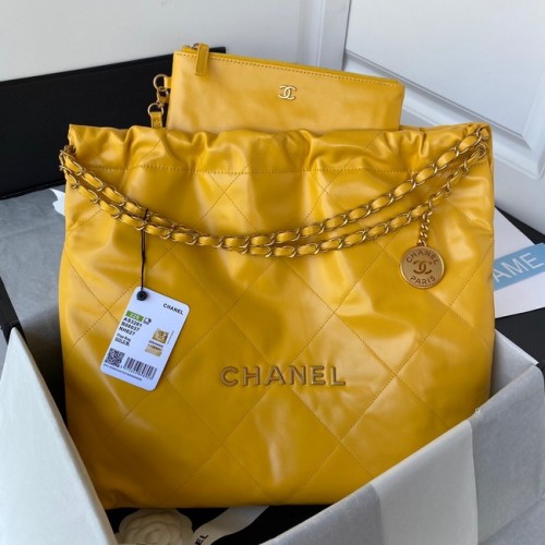 CHANEL 22 HANDTASCHE Glänzendes Kalbsleder goldfarbenes Metall AS3261 gelb