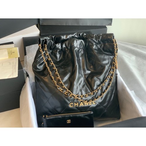 CHANEL 22 HANDTASCHE Glänzendes Kalbsleder goldfarbenes Metall AS3262 schwarz&gold