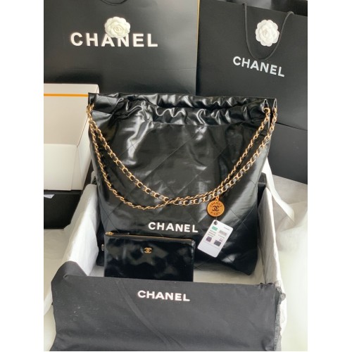 CHANEL 22 HANDTASCHE Glänzendes Kalbsleder Goldfarbenes Metall AS3262 schwarz&weiß