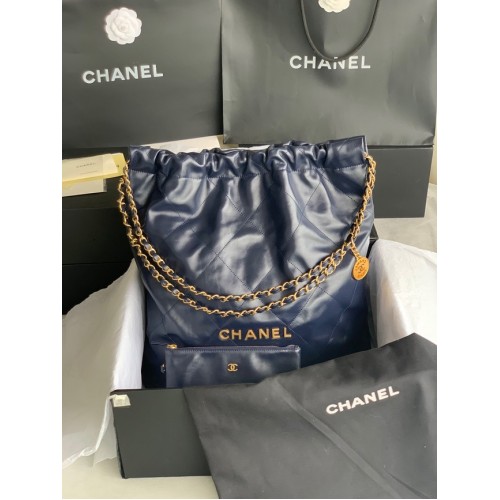 CHANEL 22 HANDTASCHE Glänzendes Kalbsleder Goldfarbenes Metall AS3262 dunkelblau