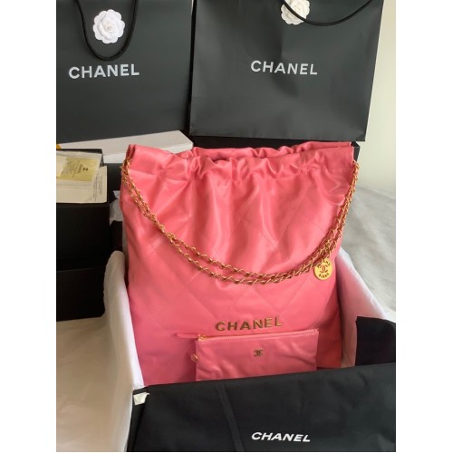 CHANEL 22 HANDTASCHE Glänzendes Kalbsleder Goldfarbenes Metall AS3262 Rosa