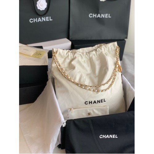 CHANEL 22 HANDTASCHE Glänzendes Kalbsleder Goldfarbenes Metall AS3262 weiß&schwarz