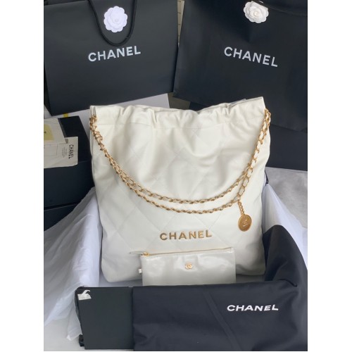 CHANEL 22 HANDTASCHE Glänzendes Kalbsleder Goldfarbenes Metall AS3262 Weiß&Gold